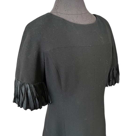 Jean Louis Black Vintage Wool Crepe Dress Fringed Trim Size 12 Medium RARE - Picture 2 of 12
